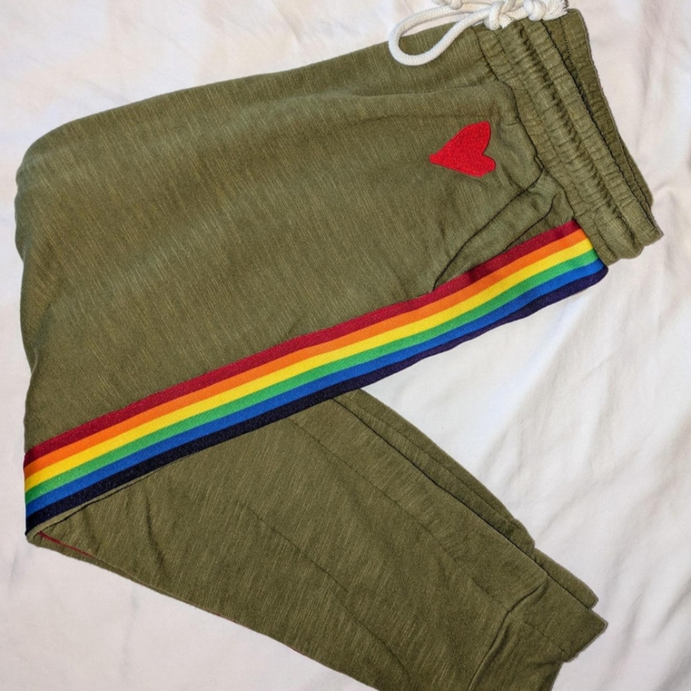 Olive Green Womens Joggers with Rainbow Stripe
